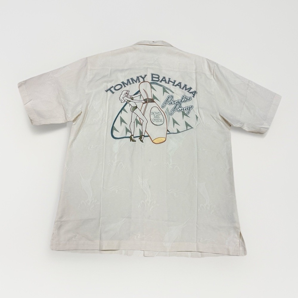 Tommy Bahama Paradise Pinup Camp Shirt Sz S Silk Bowling Retro Girl‎ Embroidered